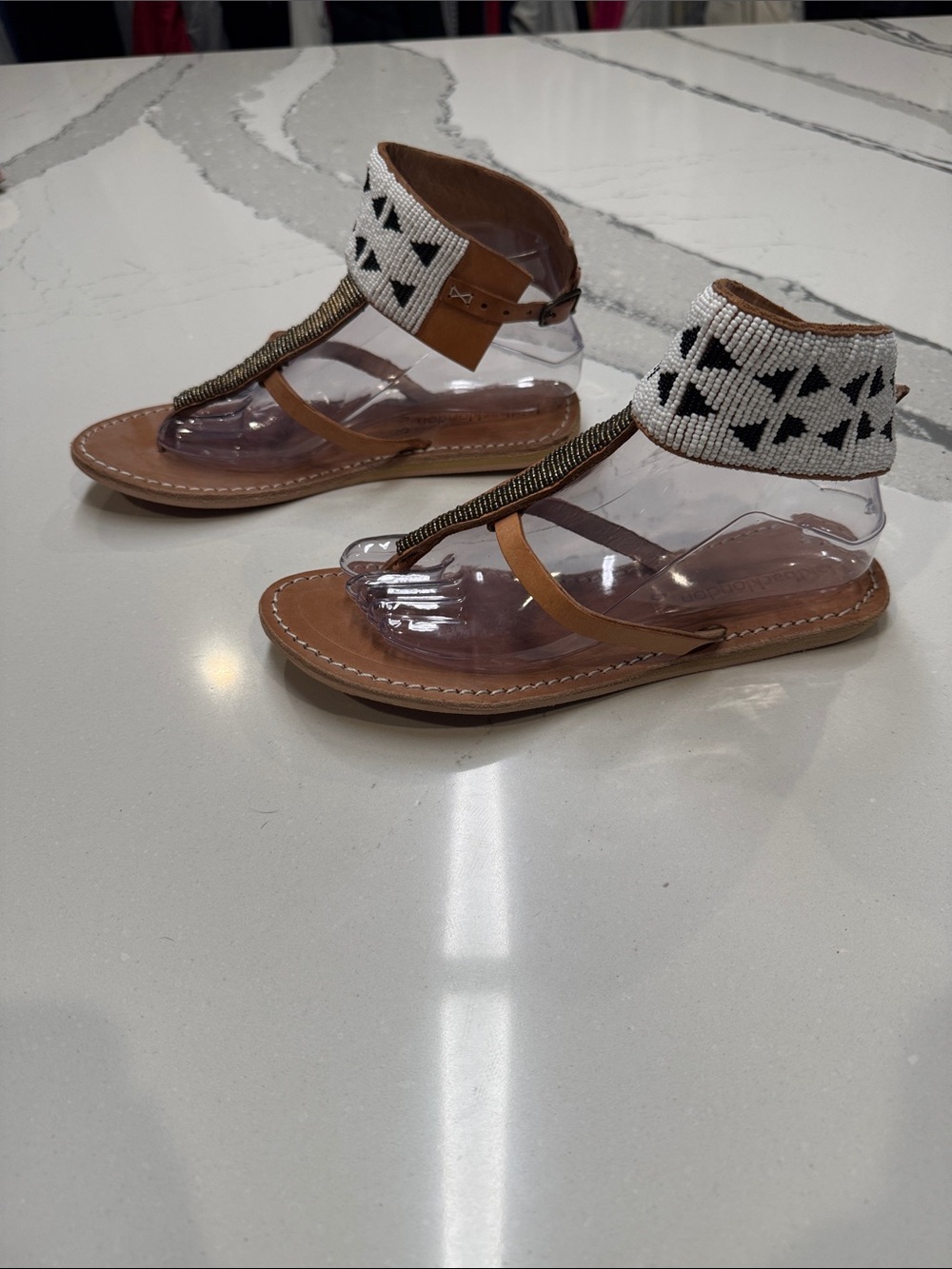 Laidback London Beaded Ankle Cuff T-Strap Sandals in Tan and White SzEU39 NWT